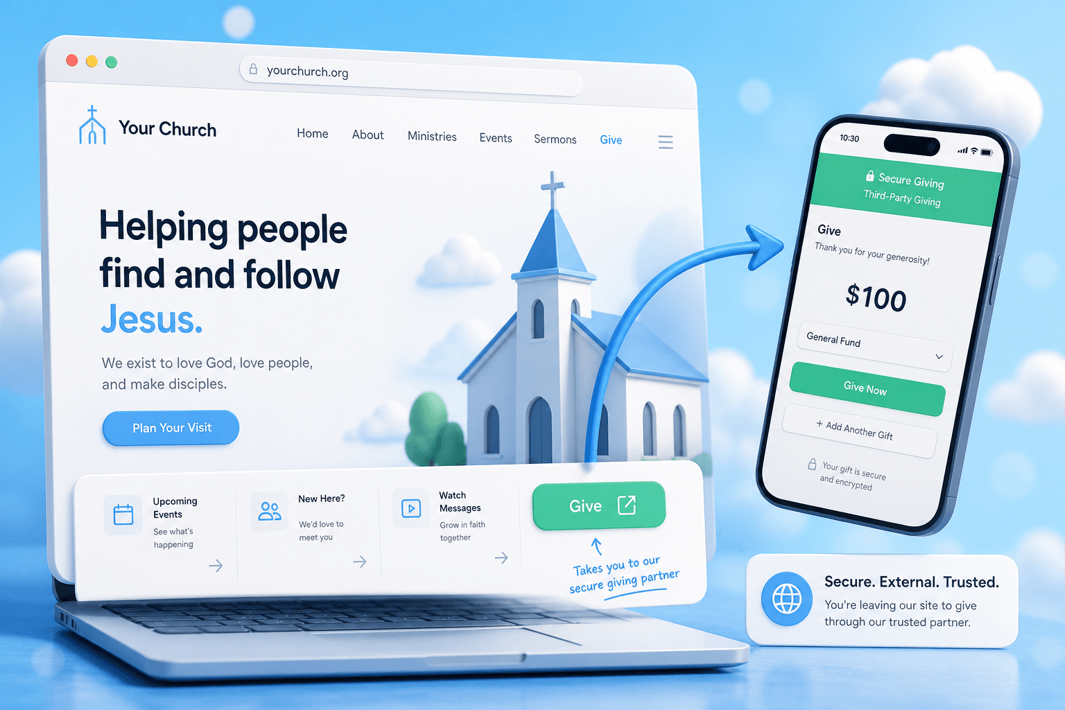 Church website Give button linking to external giving partner