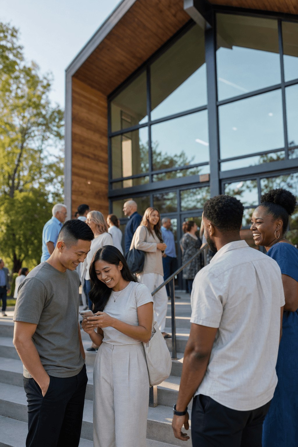 Community gathering on the steps of a modern church